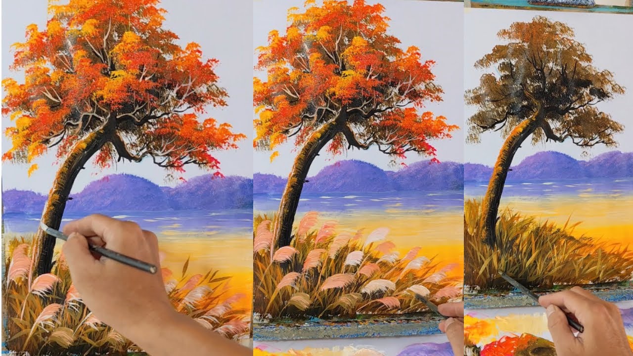 Step-by-Step Acrylic Painting: Autumn Tree on Pampas Grass Field by the River | Easy for Beginners