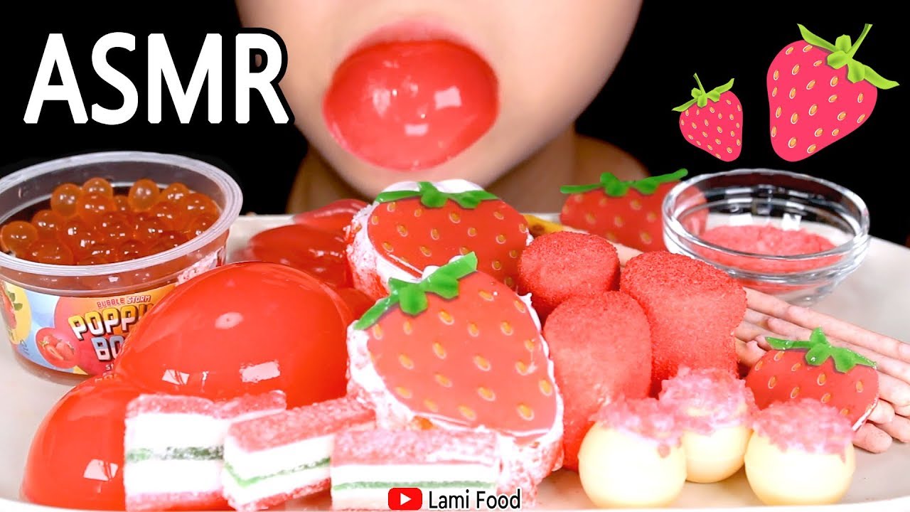 PINK FOOD ASMR | STRAWBERRY CAKE JELLY | POPPING BOBA | POPPING CANDY | 분홍 음식 | 咀嚼音 | ピンクフードを食べる