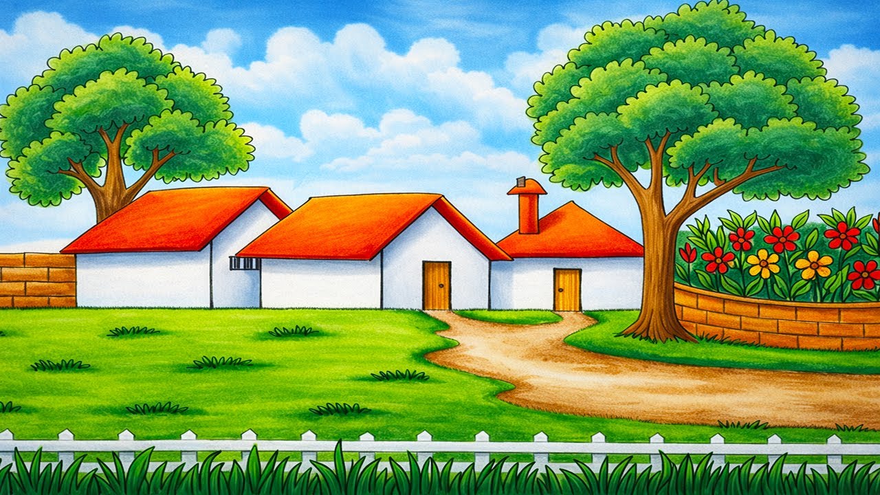 How to Draw a Beautiful Village Scenery Step by Step | Easy Countryside Landscape Drawing