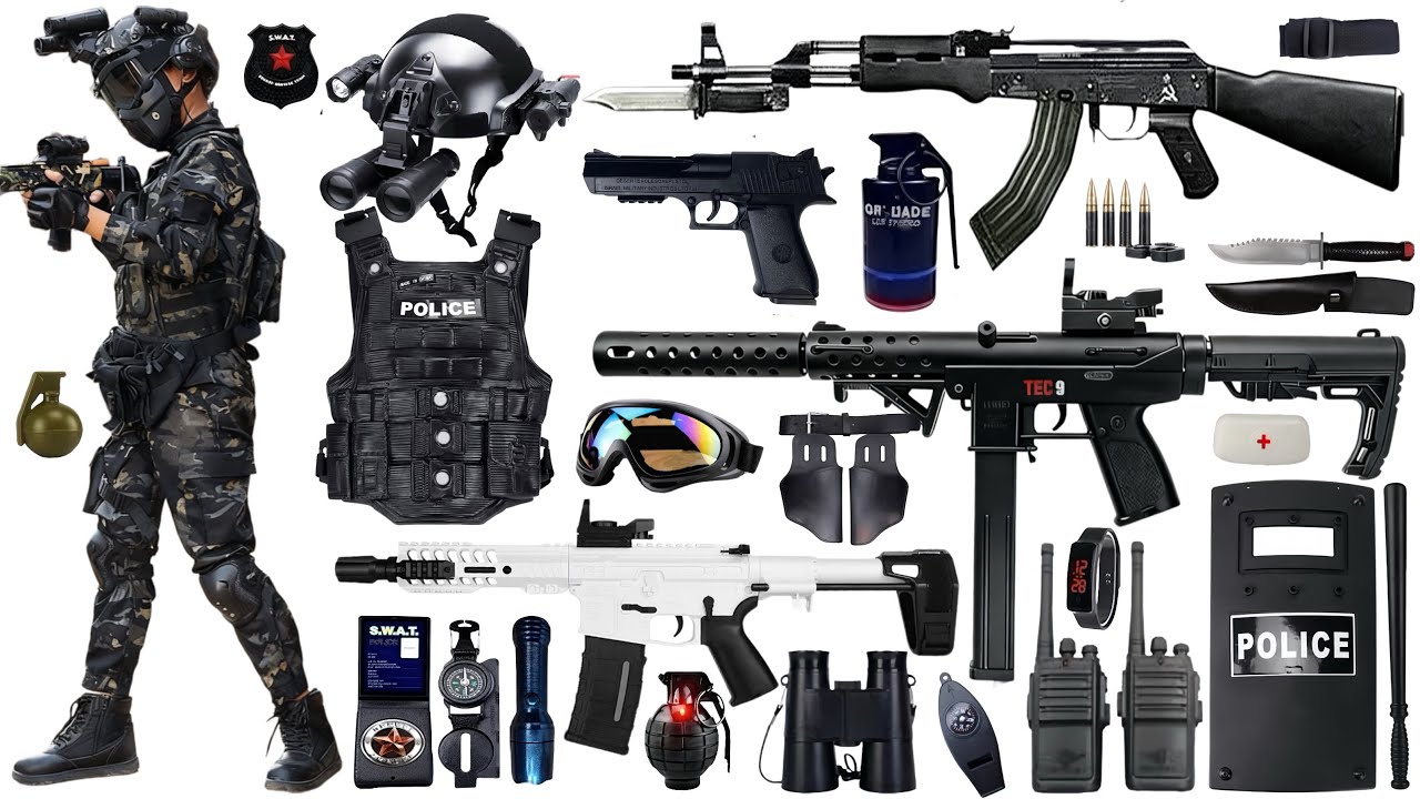 Unboxing special police weapon toys, AK47, HK416, TEC9 submachine gun, desert eagle,tactical helmet.