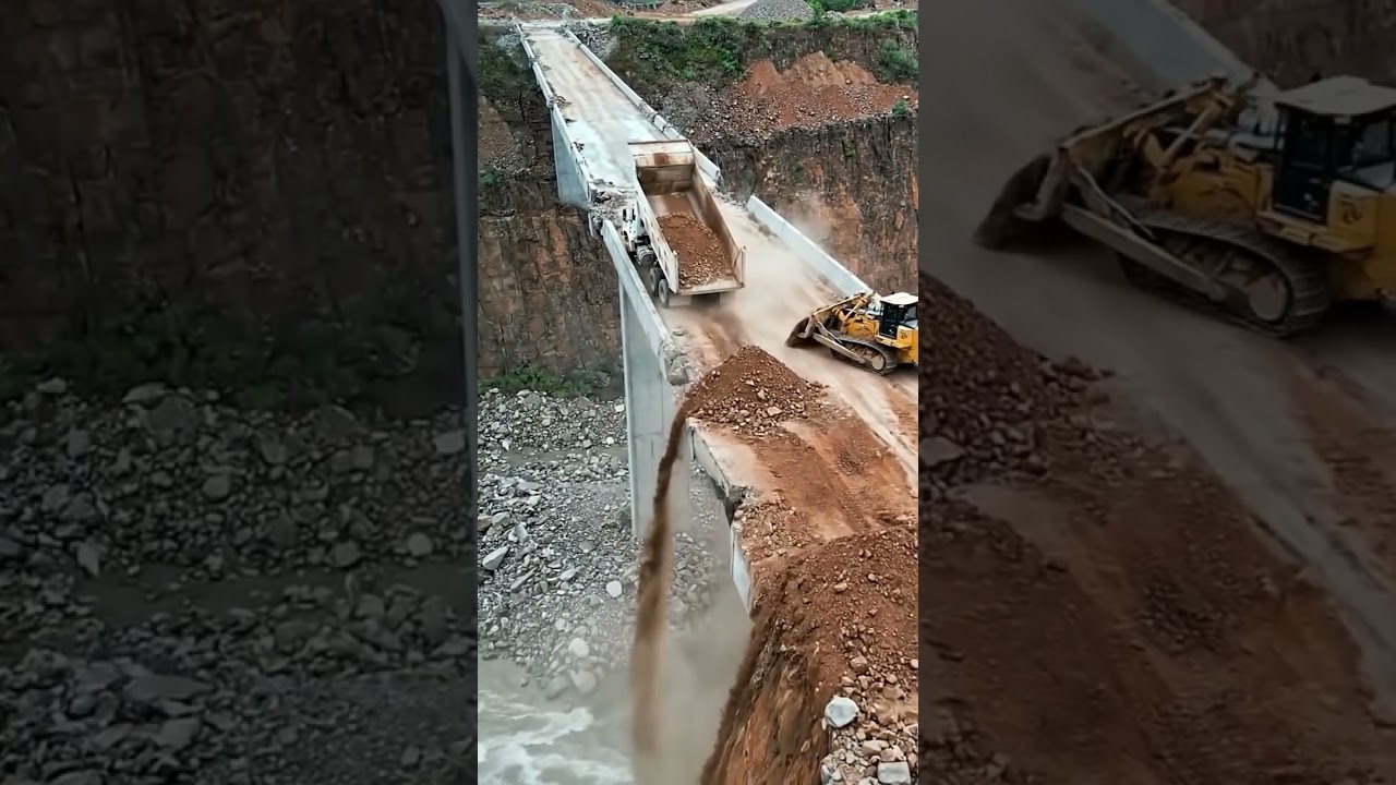 Earthmoving dump trucks piled up soil at the damaged bridge construction site, causing difficulties.