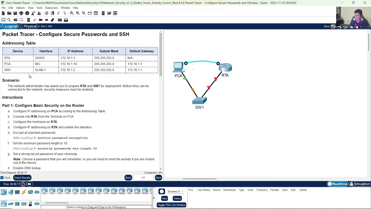 4.4.8 Packet Tracer — настройка безопасных паролей и SSH