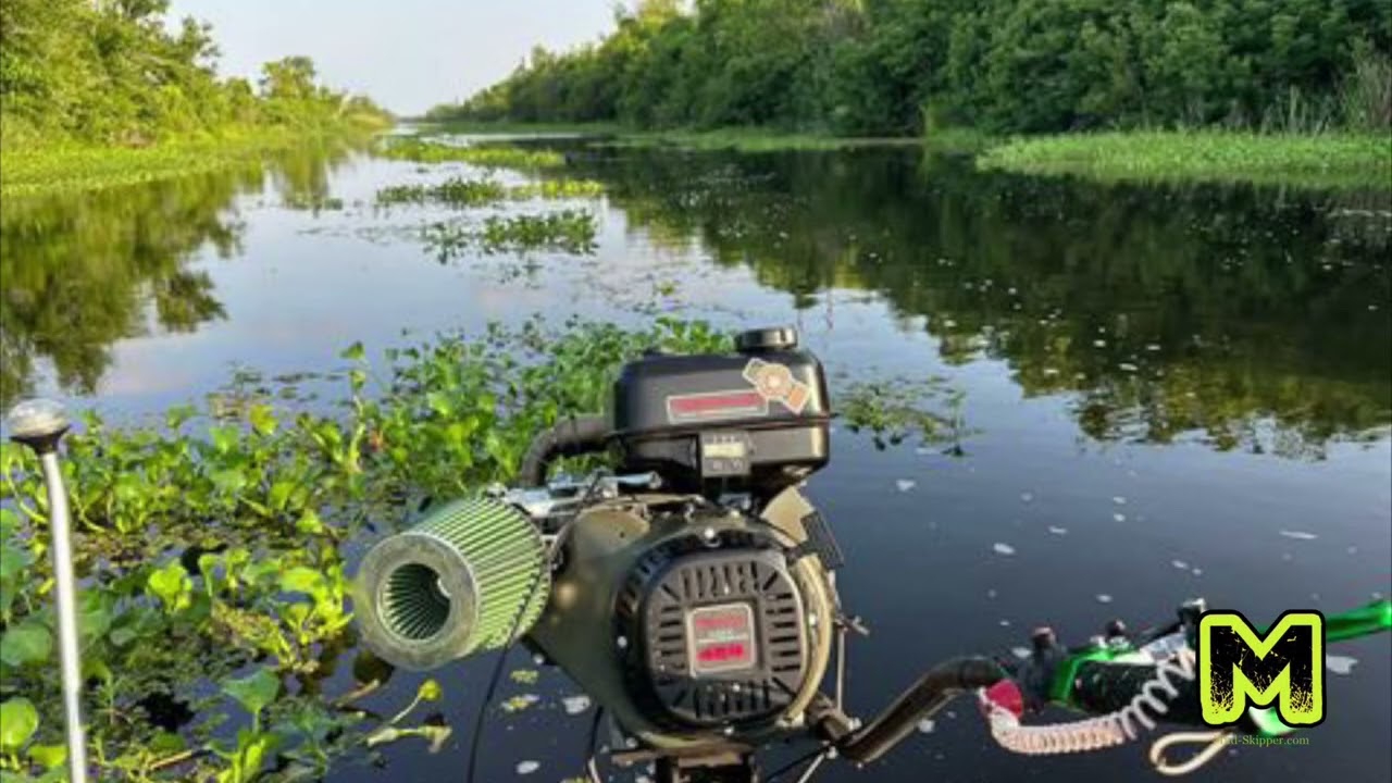 Mud-Skipper Feather Lite surface drive mud motor on 1436 cuts through heavy vegetation easily