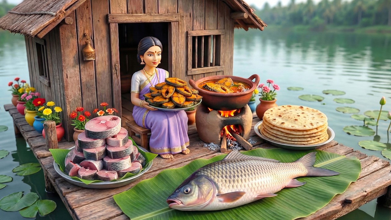 🔥🐟 Миниатюрные кукольные жареные кусочки гигантской рыбы роху | Расслабляющее ASMR-видео из кроше...