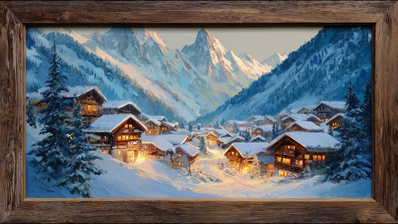 Cozy Alpine Village Winter Landscape | Snowy Mountain Frame TV Art | 4K Winter Screensaver