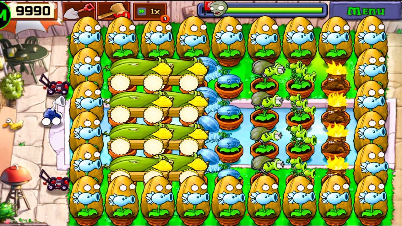 Plants Vs zombies Survival Pool Cob Cannon+Snow Pea+Threepeater+Gatling Pea Vs All Zombies Gameplay