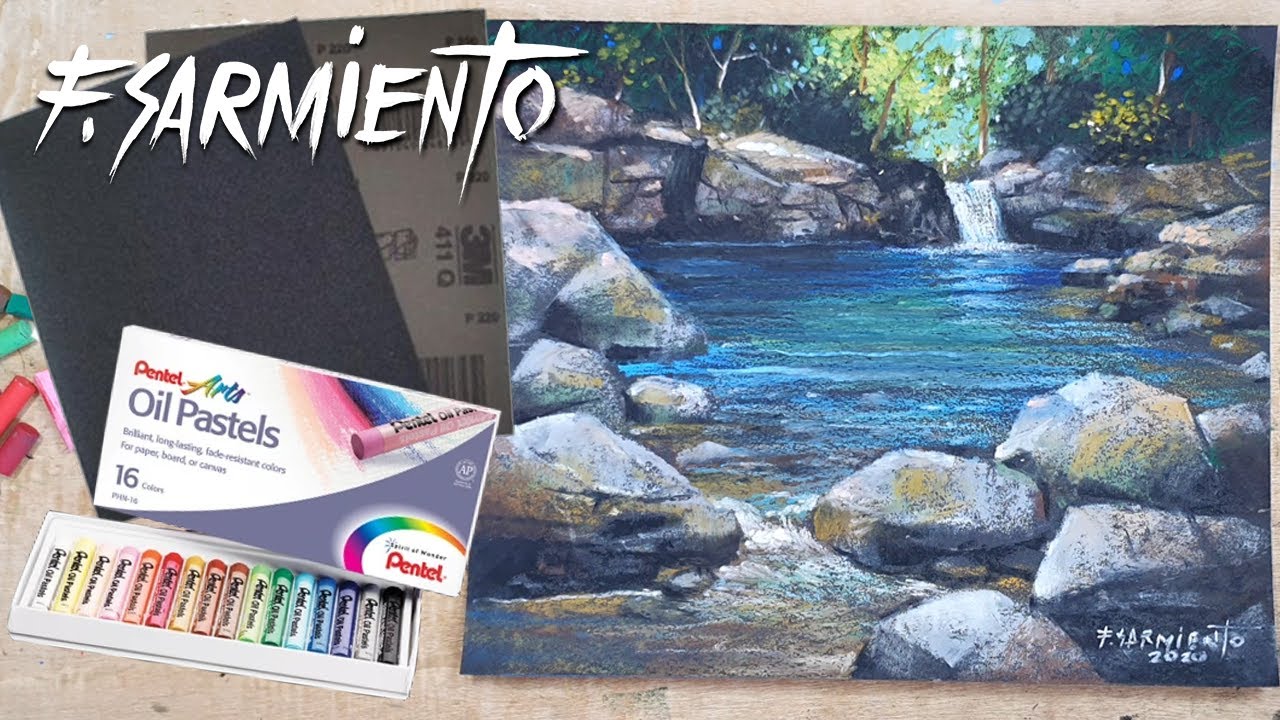 Simple Brook Oil Pastel Painting on Sandpaper - Maestro Fidel