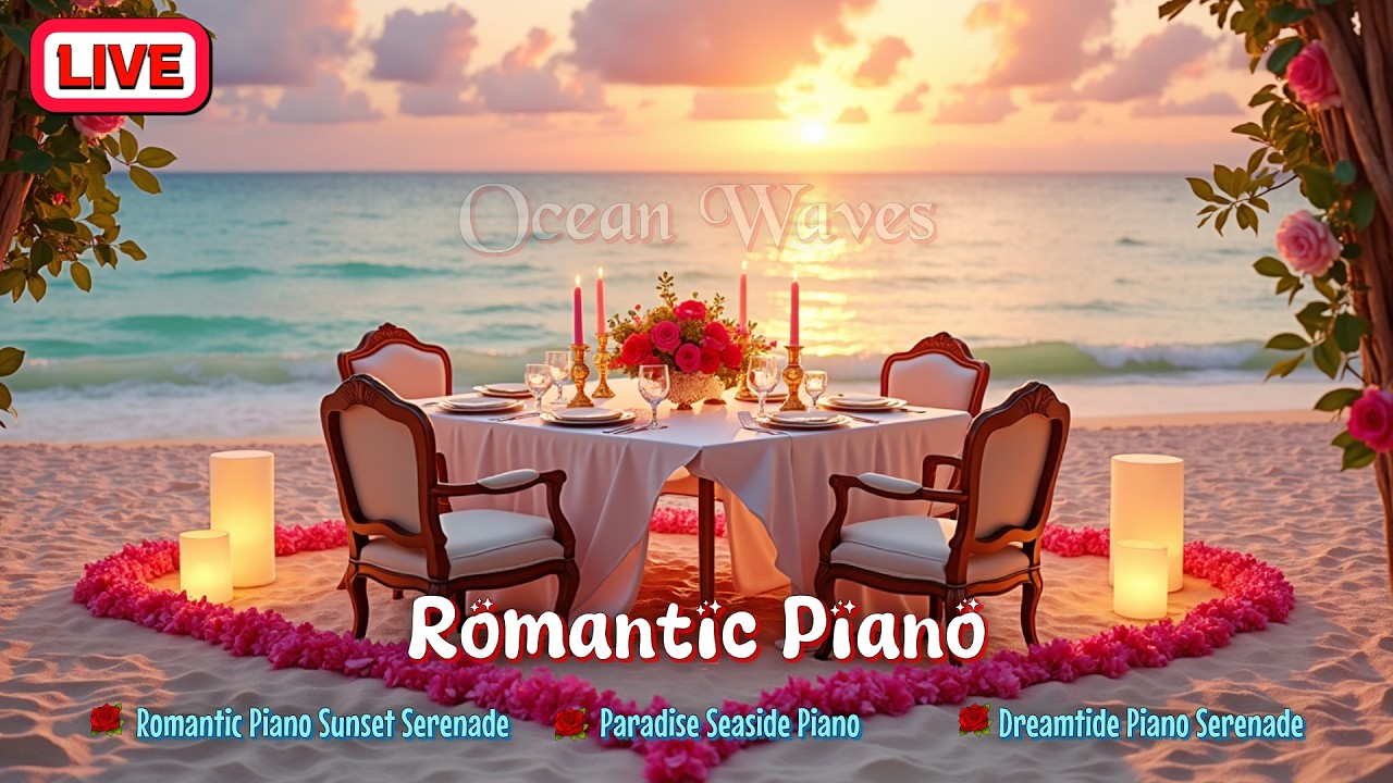 Soft Piano by the Ocean Live ❤️ Peaceful Sunset Serenade & Tropical Waves