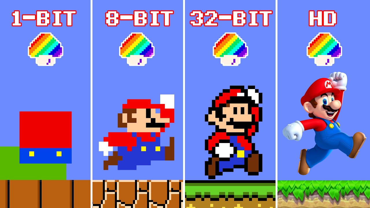 8BIT CHALLENGE: What If Super Mario Bros. 1-BIT vs 8-BIT vs 32-BIT vs HD Challenge | ADN MARIO GAME