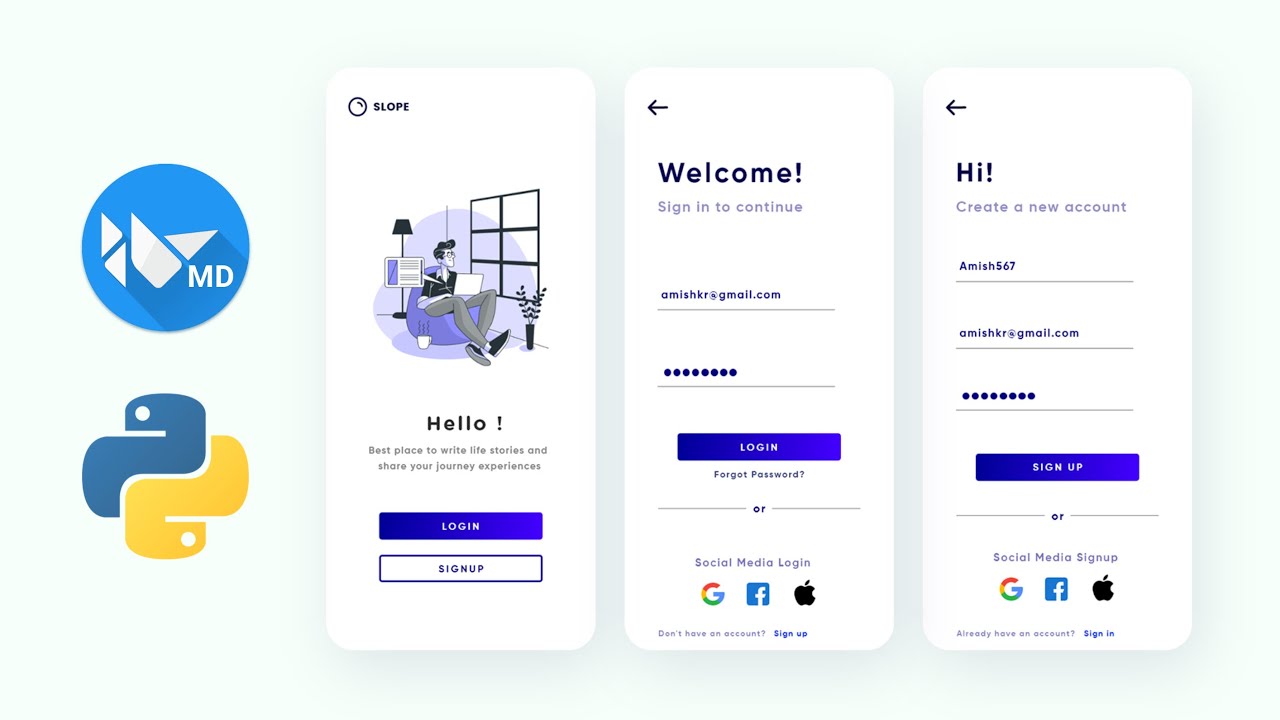How To Create Slope Login And Signup Page With Welcome Screen Using KivyMD | Slope