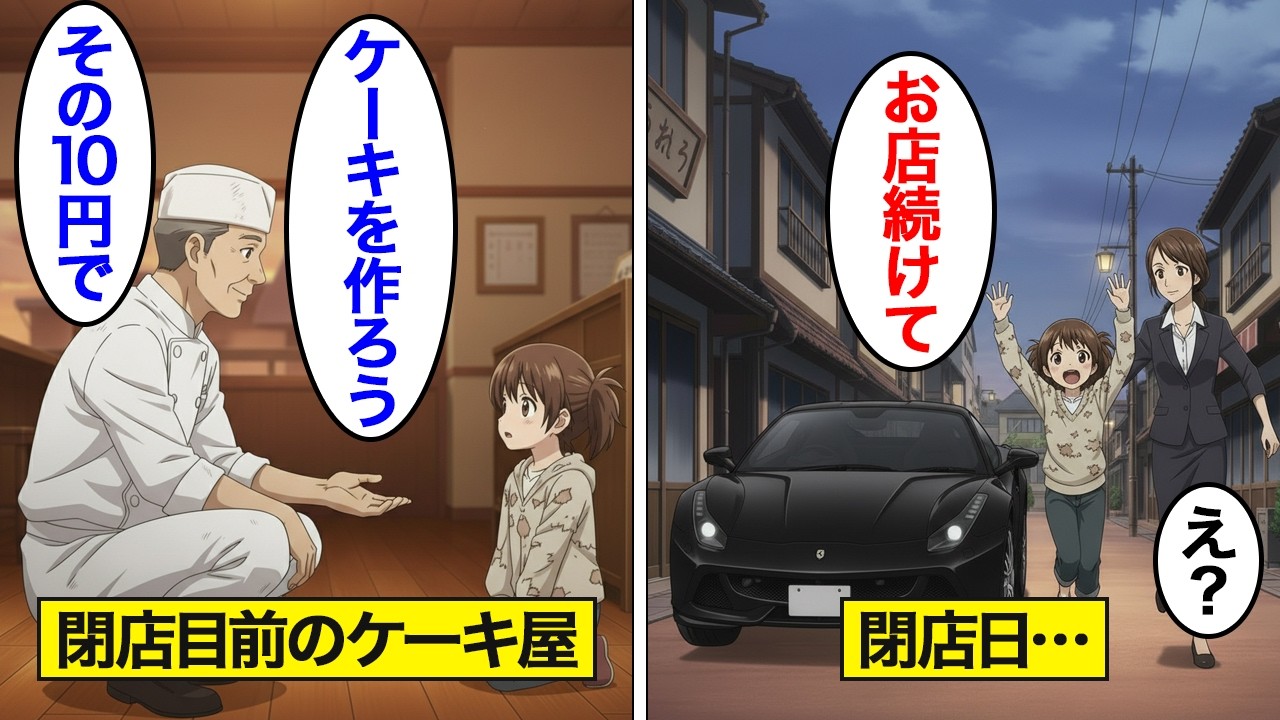 【漫画】ボロボロの服の少女が10円玉を握りしめて潰れかけの老人のケーキ屋に来店。見ていられず全身の服とケーキをプレゼントしてあげた3日後…閉店の日にあの時の少女が高級車に乗って現れ…【スカッと】