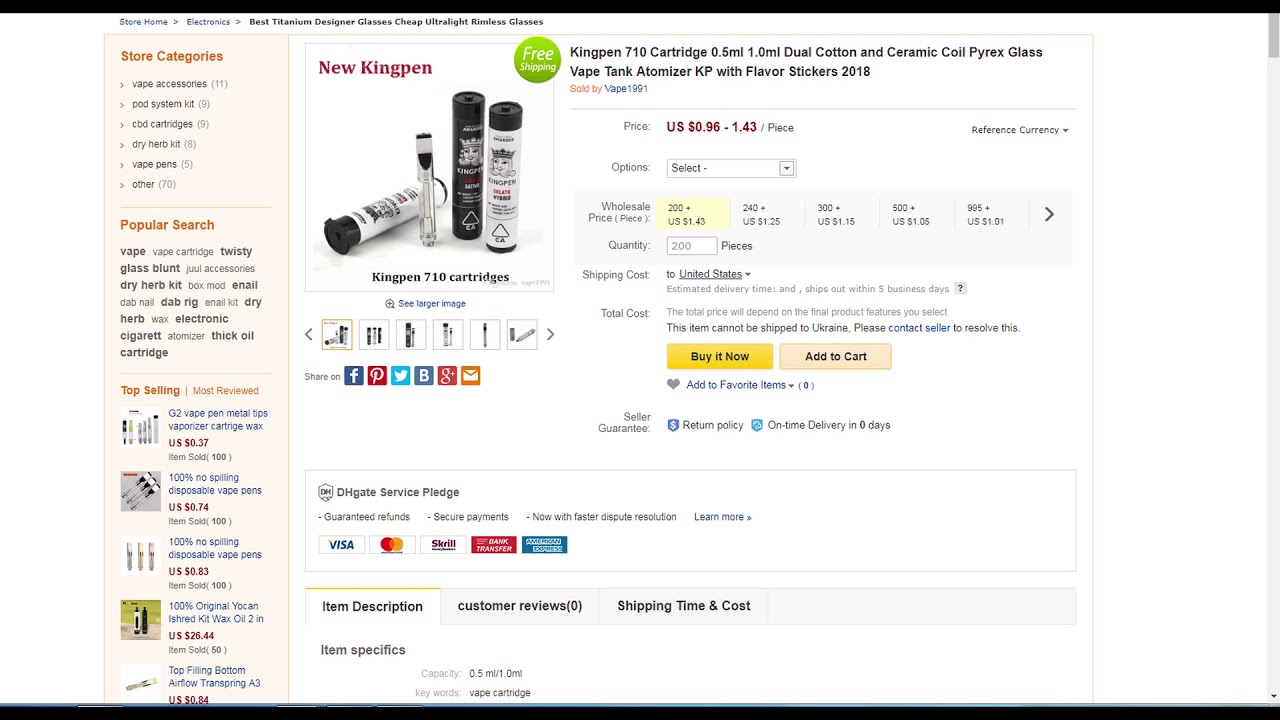 Kingpen 710 Cartridge 0.5ml 1.0ml Dual Cotton and Ceramic Coil Pyrex Glass Vape Tank Atomizer