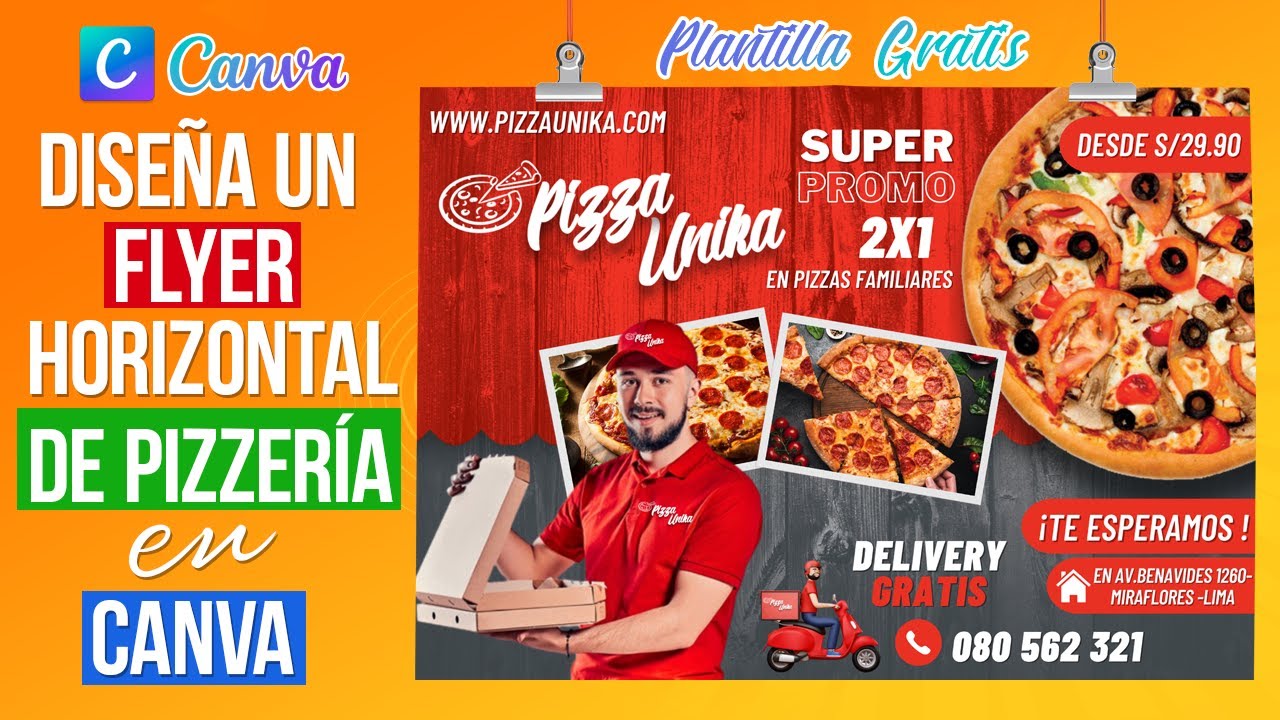 Cómo Crear un FLYER  HORIZONTAL de PIZZERÍA EN CANVA | PLANTILLA GRATIS🍕🛵
