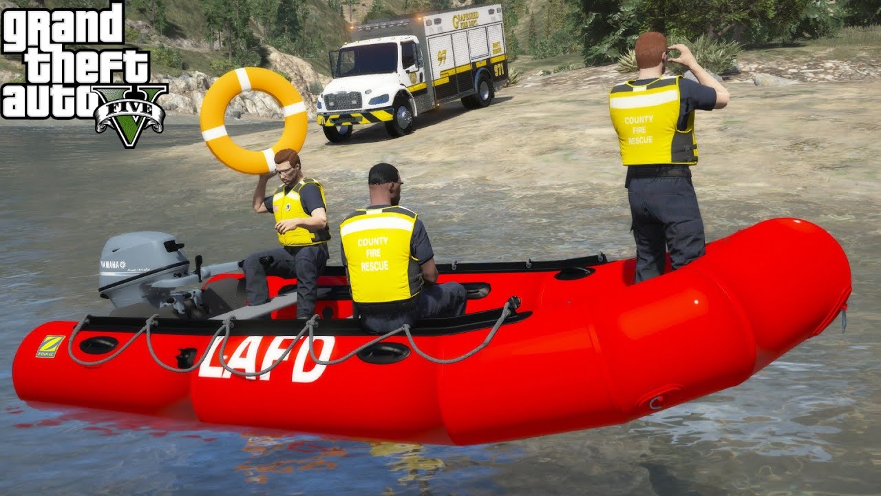 GTA 5 Firefighter Mod Grapeseed Rescue Firetruck Responds To A Swift Water Rescue At A Waterfall