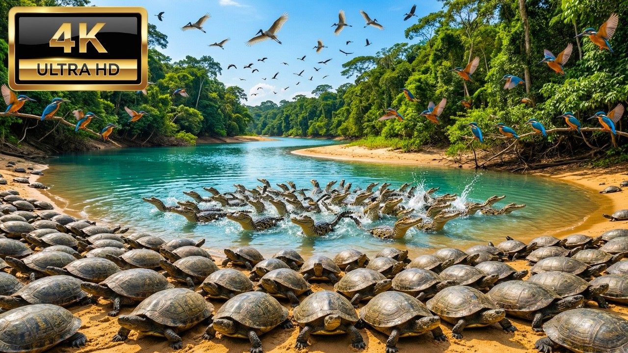 Inside The Amazon: Caiman Hatchlings, River Turtle, Jabiru Stork & Kingfisher (4K)
