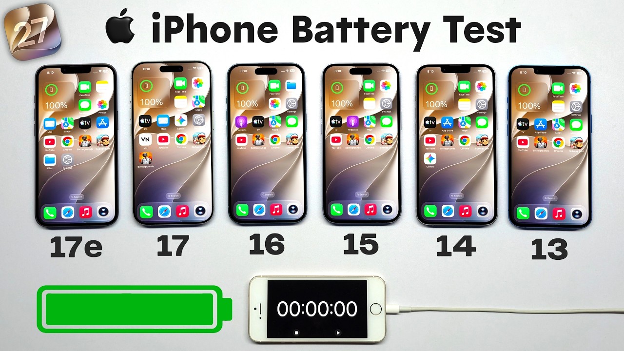 iPhone 17 vs 17e vs 16 vs 15 vs 14 vs 13 Battery Test | iOS 27 Battery Life DRAIN Test
