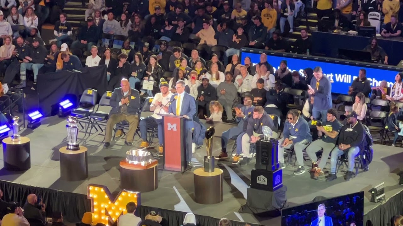Jim Harbaugh Delivers Speech To Michigan Team 144, Wolverines Fans During National Title Celebration