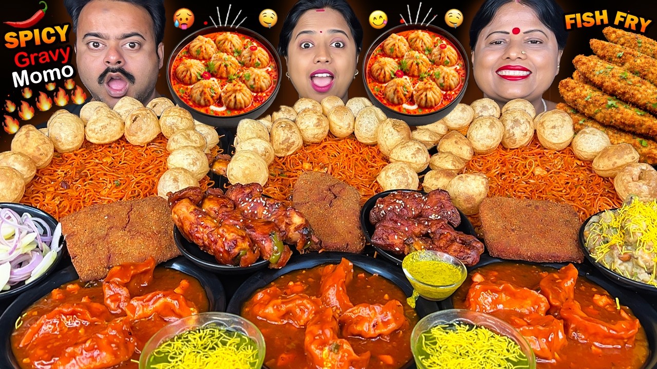 SPICY MOMO, FISH FRY, PANI PURI, SPICY SCHEZWAN NOODLES, CHICKEN VIRAL EATING SHOW MUKBANG ASMR