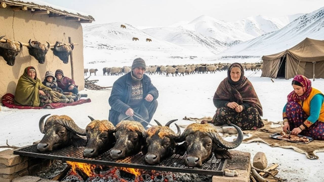 Зимняя охота в Афганистане | Огромный дикий буйвол, жареный на раскалённых углях