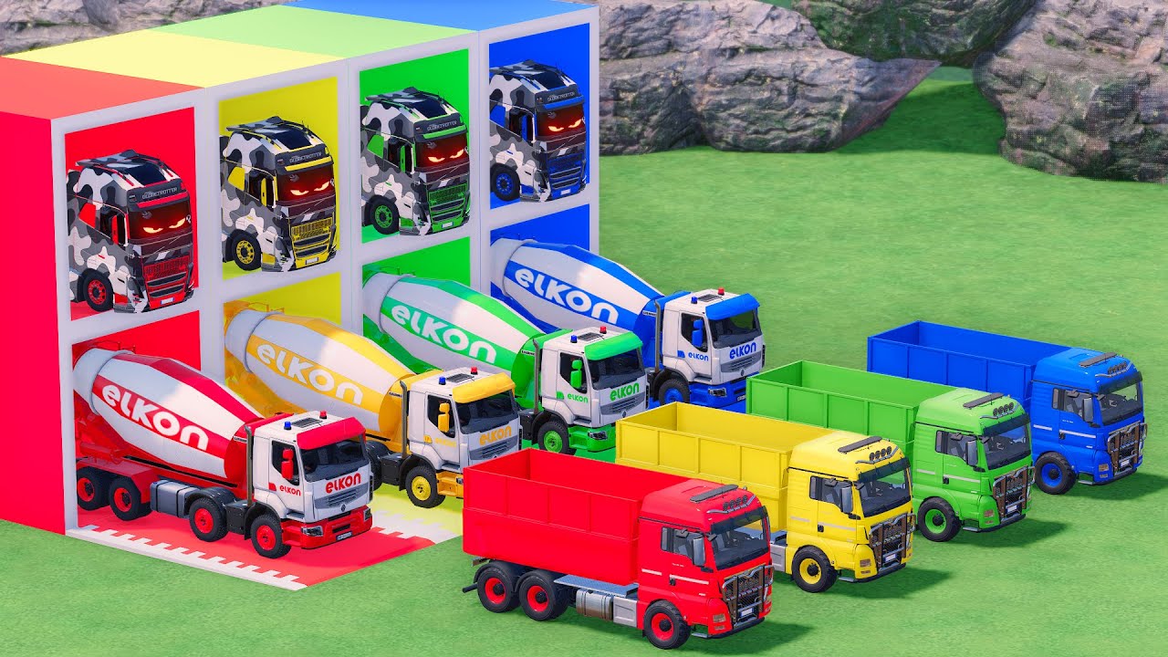 Trucks With COLORS - ELKON MIXER TRUCK and MAN GRAIN TRUCK with VOLVO FLATBED TRAILER TRUCK