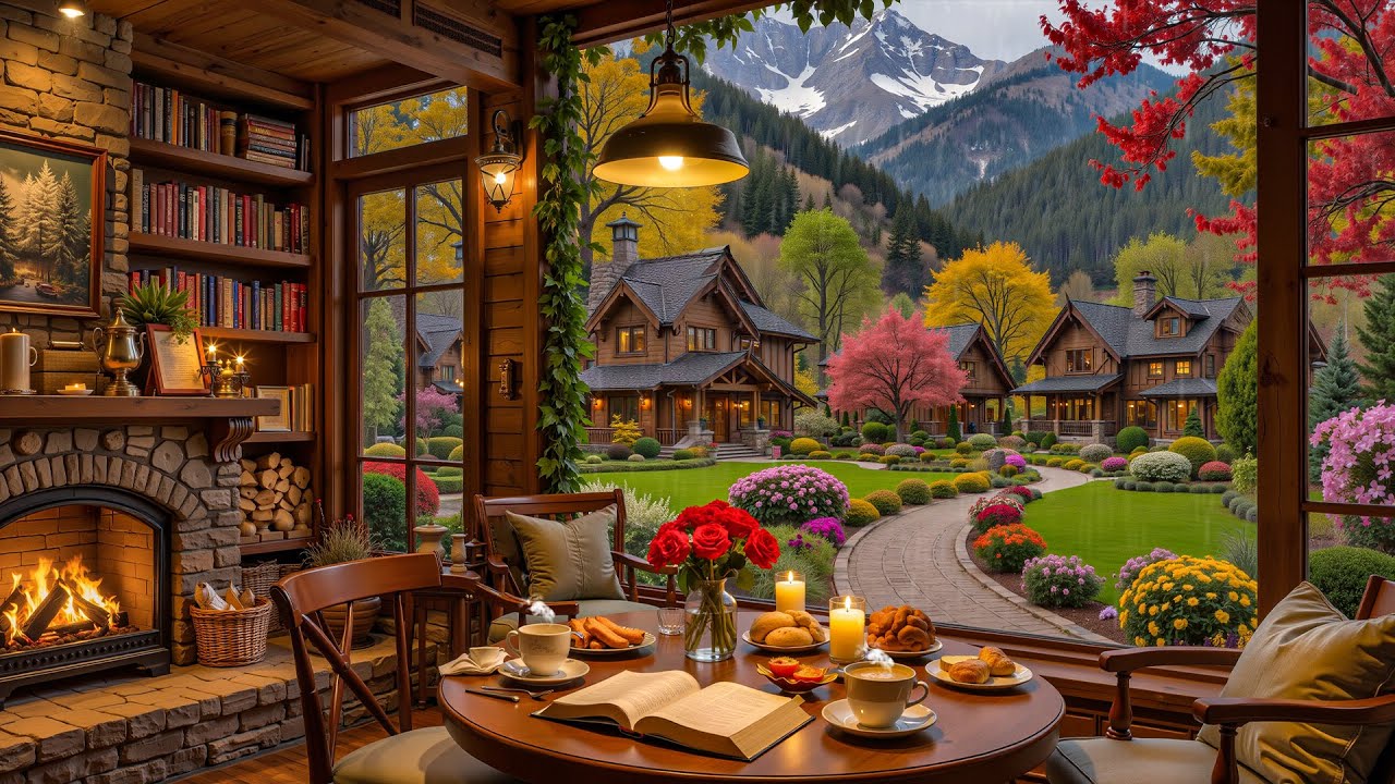 Soft Spring Rain Jazz ☕ Cozy Coffeehouse Ambience with Fireplace & Gentle Rain for Study & Relax