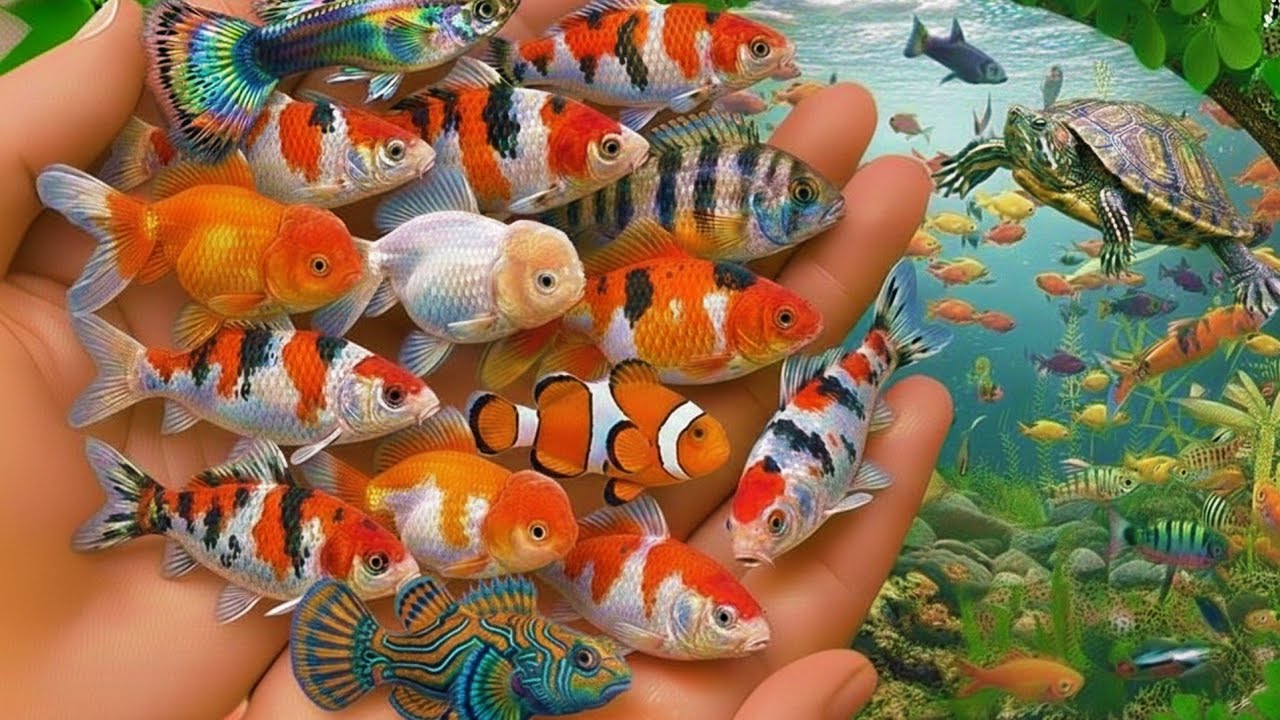 Catch beautiful aquarium fish in small pond baby turtle, eel, koi, pencil fish, cute fish, guppies