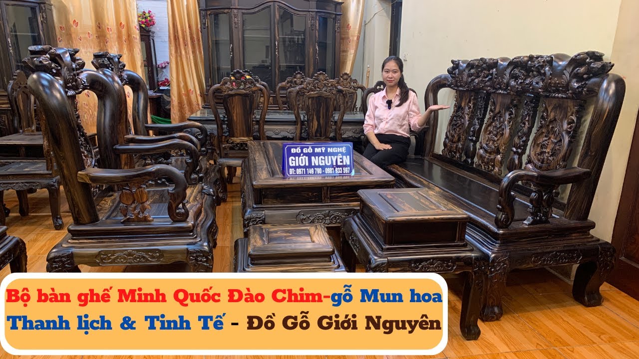 Với 145 triệu | Sở hữu Bộ bàn ghế Minh Quốc Đào Chim tay 12 Gỗ Mun Hoa