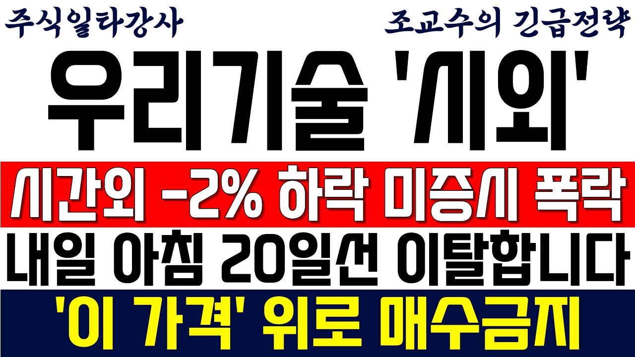 [우리기술 주가전망 조교수] 시간외 -2% 하락 미증시 폭락! 내일 아침 20일선 이탈합니다! '이 가격'위로 매수금지!