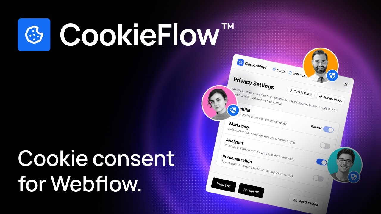 CookieFlow for Webflow. Geolocation-Based Cookie Consent, Free Forever