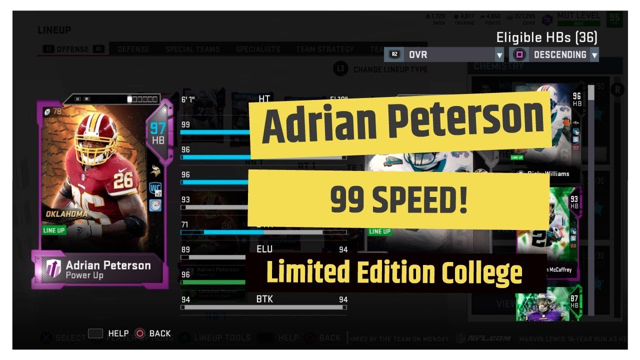 ADRIAN PETERSON LTD EDITION COLLEGE 99 SPEED 97 OVR MADDEN MUT 19!!!