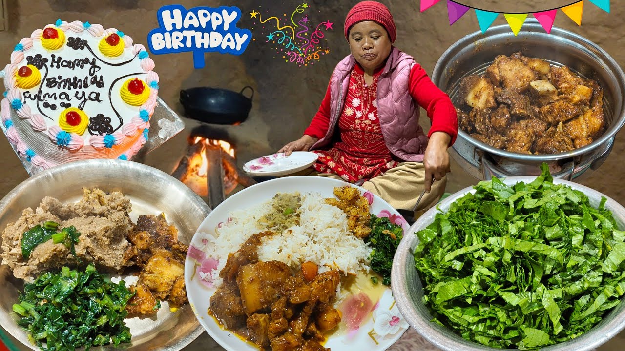 💗My Simple Birthday at Village Home || Eating Pork Meat with Mustard Greens in a village kitchen 😋🥬
