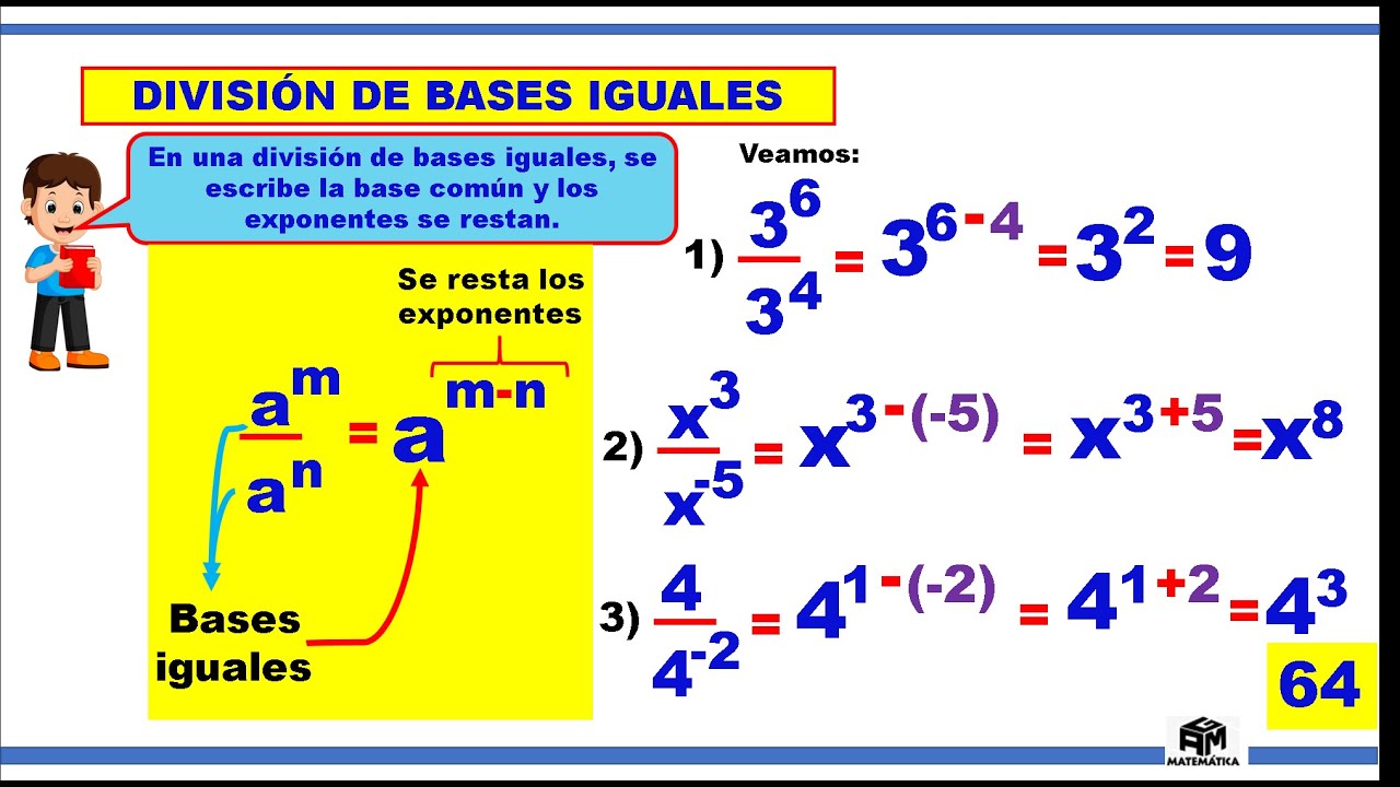 Teoría de exponentes: División de bases iguales - 4to de primaria