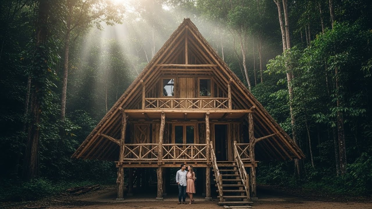 Couple Builds a Complete Wooden Jungle Home Using Hand Tools Only | Full Survival Build
