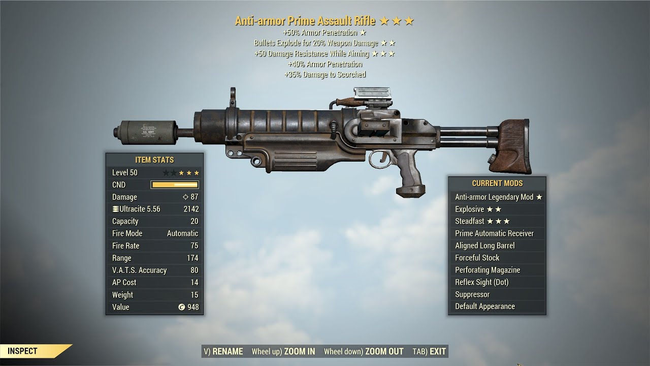 Fallout 76: Anti Armor Explosive Assault Rifle - Full Health.