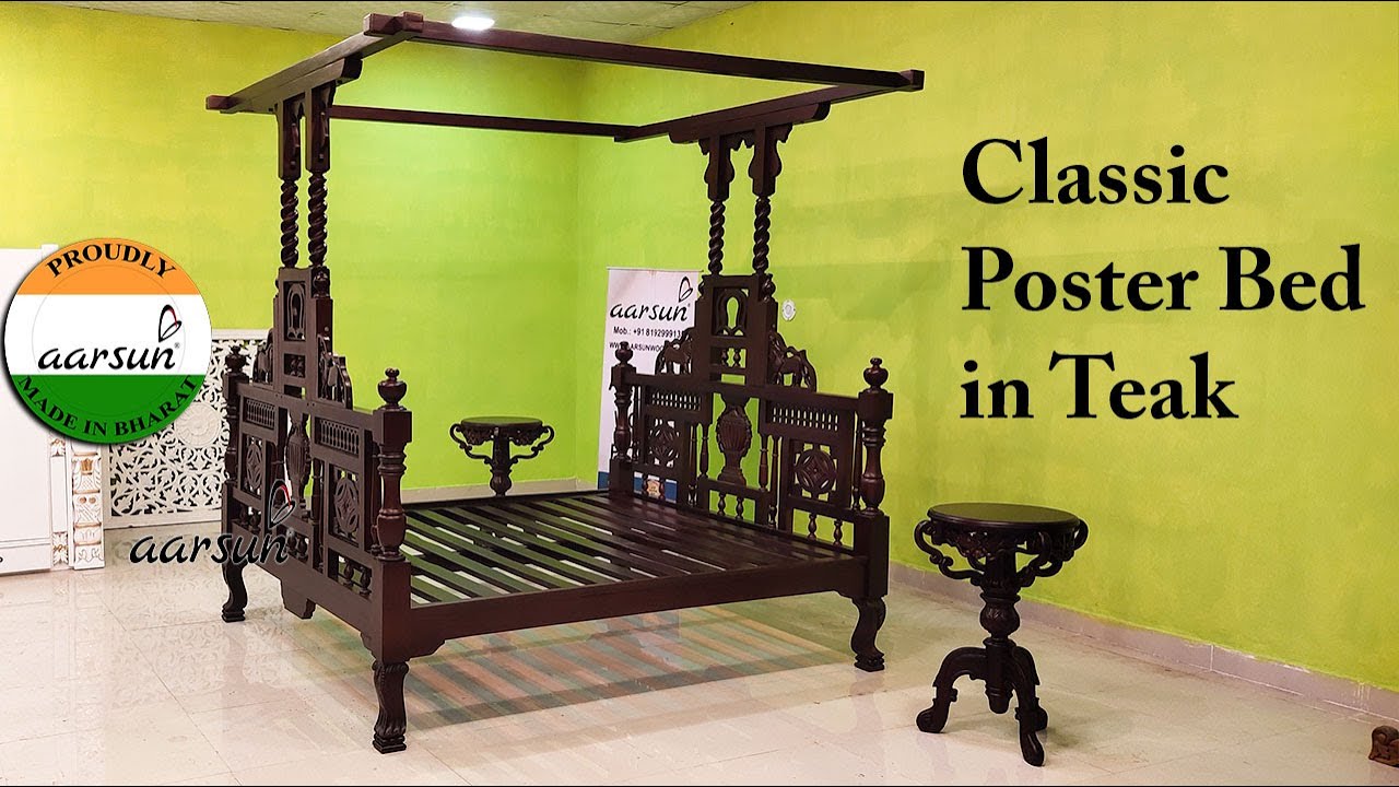 Classic Poster Bed/Canopy Bed in Teak Matte Finish | Vintage Maharaja Style Furniture