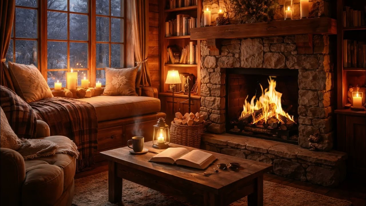 Candlelit Reading Nook by the Fireplace | Cozy Cabin Night Ambience