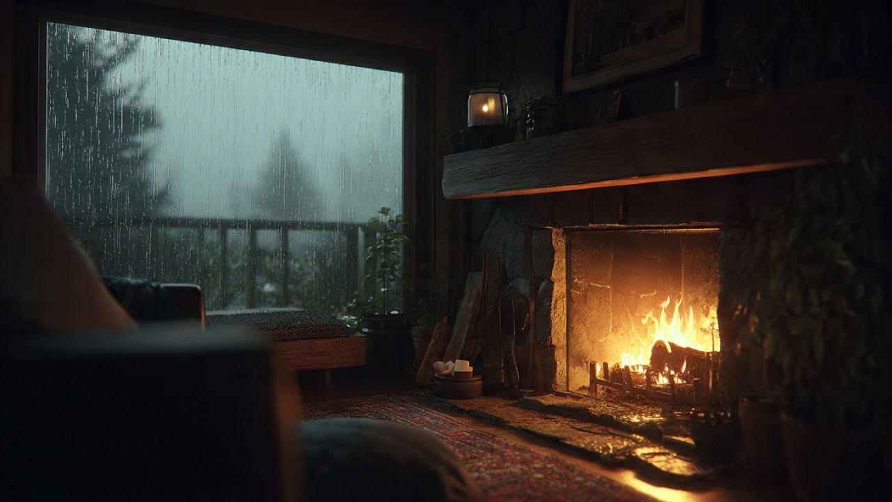 Fireplace & Rain Ambience 🌧️🔥 Deep Sleep, Relax, Stress Relief (No Music)