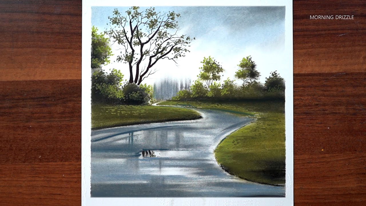 easy oil pastel drawing of a rainy landscape - road after rain