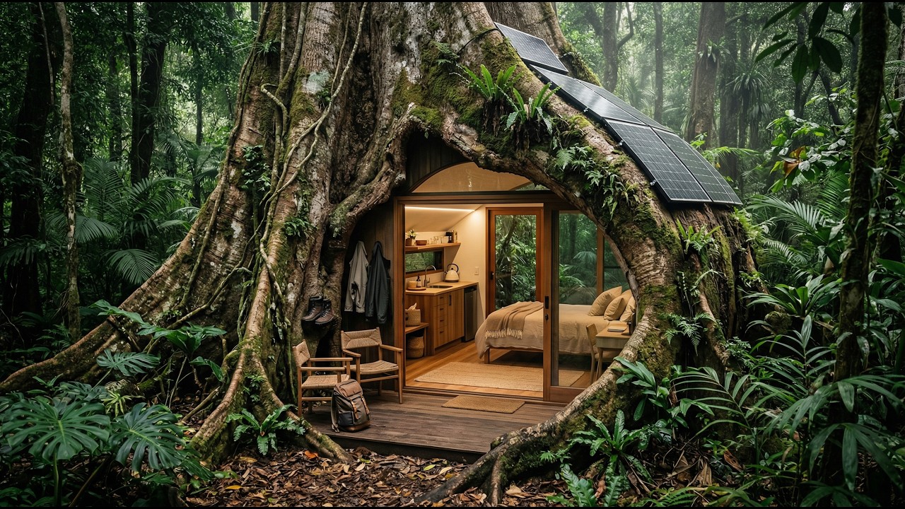 Building a house in the forest (ASMR) – This man built a modern mini house inside a giant tree trunk