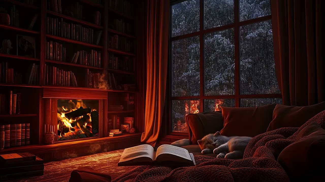 Verregnete Leseecke & knisternder Kamin | Gemütlicher Sessel, schlafende Katze & beruhigender Regen