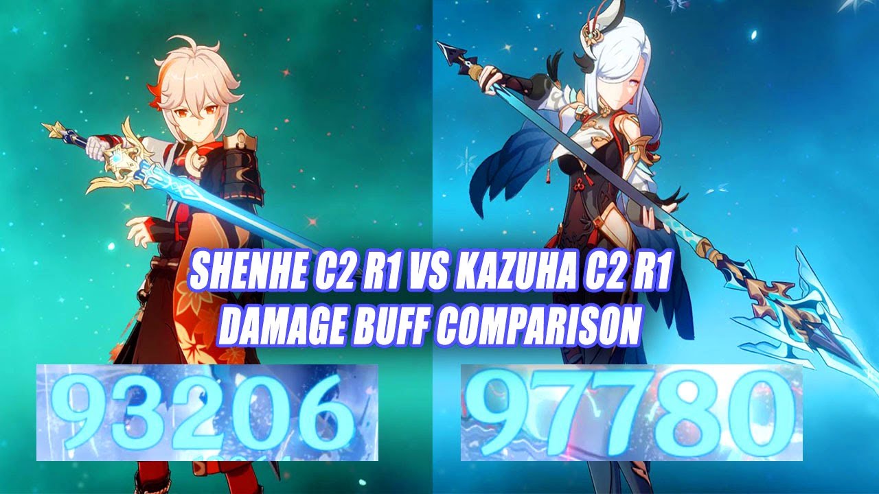Shenhe C2 R1 Full Atk vs Kazuha C2 R1 Full EM Damage Buff Comparison - Freeze Team Ayaka Test