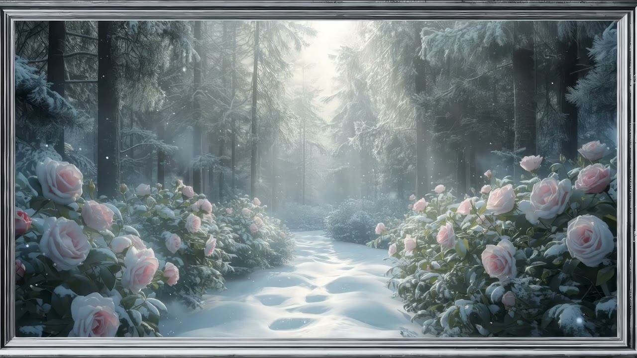 Snowy Rose Forest Art 4K | Framed Winter Floral Scene | 3 Hours | TV Art Gallery Pictures Wallpapers