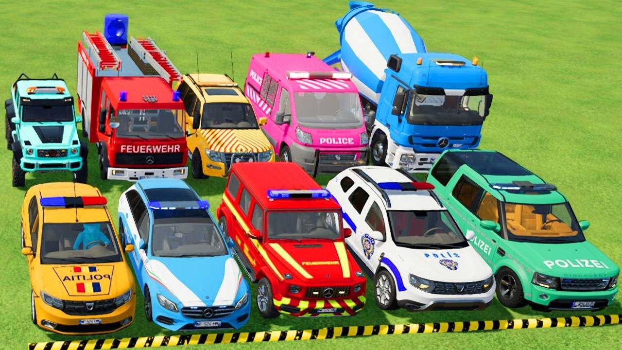 TRANSPORTING POLICE CARS, AMBULANCE, FIRE TRUCK, COLORFUL CARS WITH TRUCK -FARMING SIMULATOR 22!