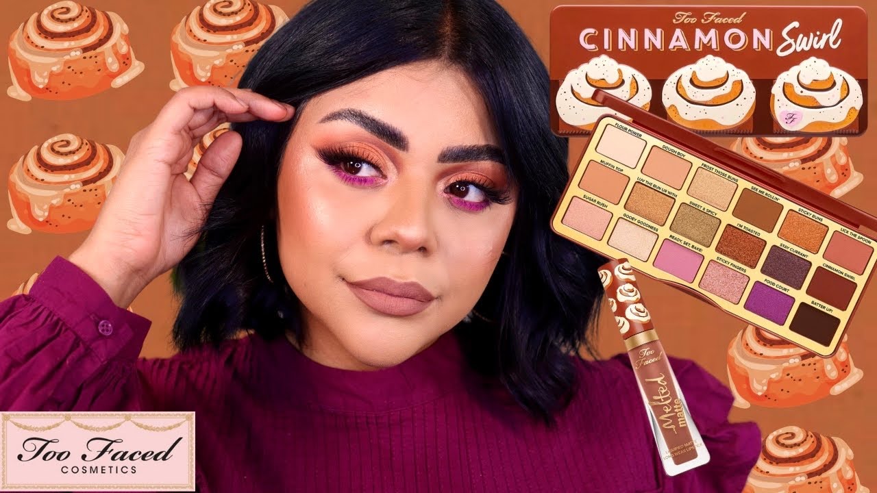 NEW TOO FACED CINNAMON SWIRL PALETTE & CINNAMON BUN MELTED MATTE LIPSTICK | Swatches, Look + Review