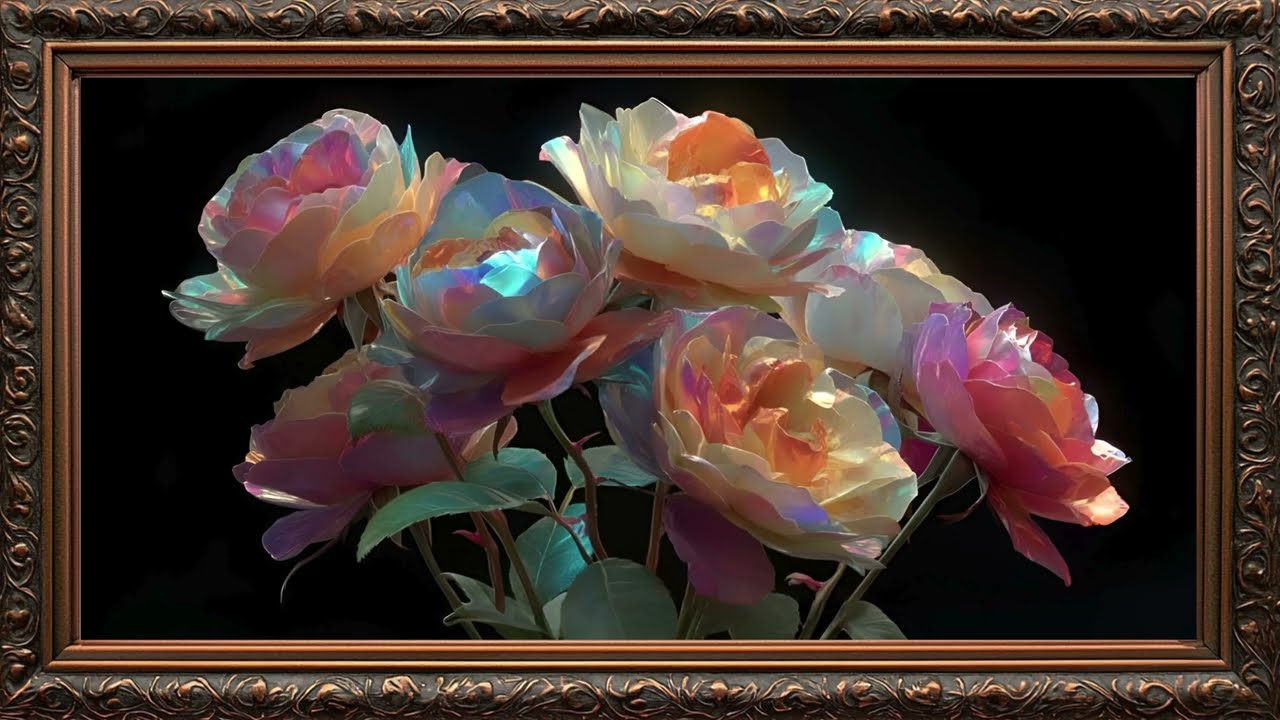 Luxurious Vibrant Roses in Bloom FRAME TV ART | Frame TV ART | Golden Framed Art