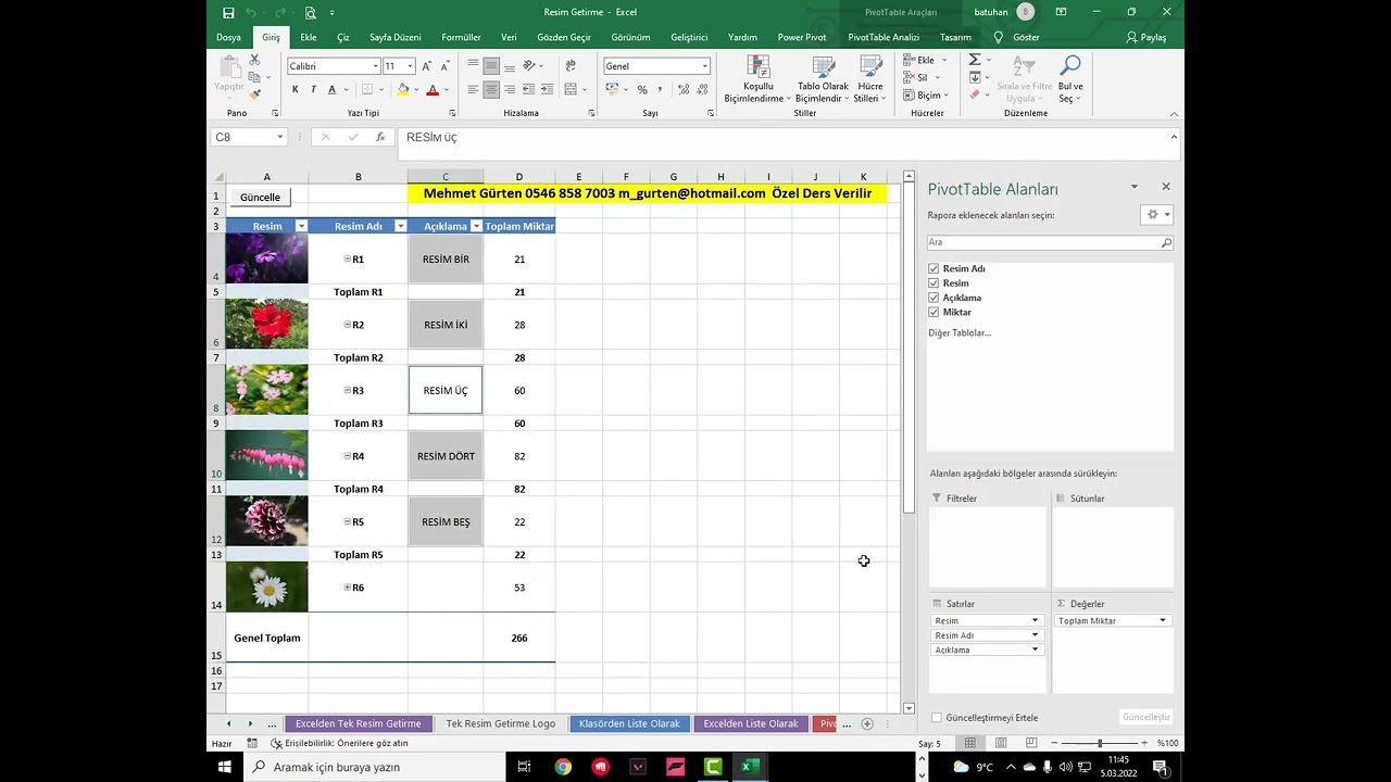 Excel de Resim Getirmek (Tek Resim Liste Halinde Pivot (Özet Tabloya) Açıklamaya Klasör veya Sayfada
