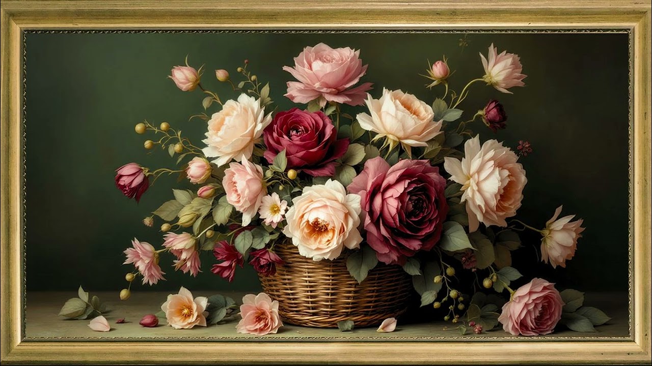 4K TV frame | Soft vintage painting flowers for screensaver