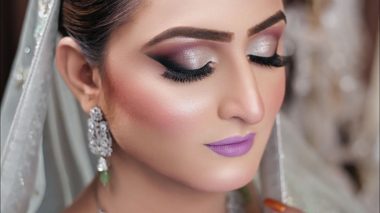 Walima bridal makeup tutorial | Silver eyes makeup with purple lipstick |