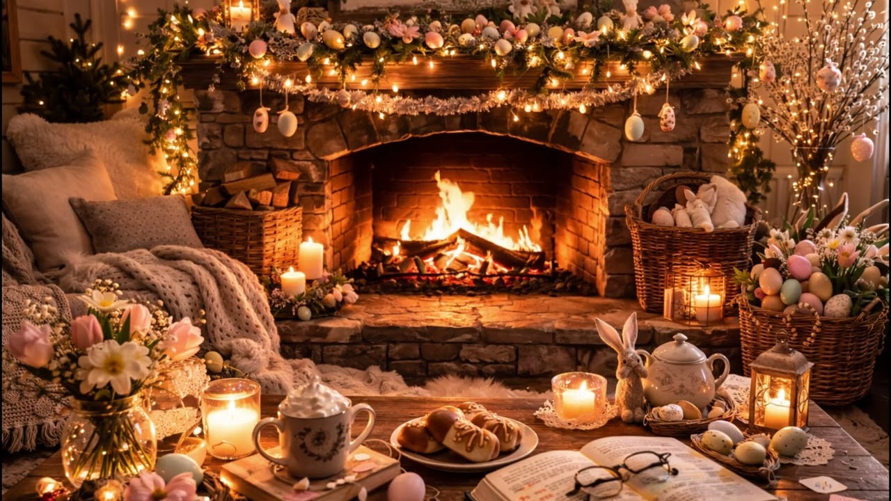 Easter Bunny Fireplace 🔥| 8 Hours | Cottage Cotswolds Ambience | 4K