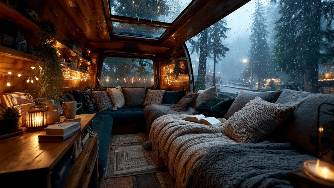 Cozy Moving Camper Van in Heavy Rain 🌧️ Rain on Sunroof & Forest Drive | Sleep